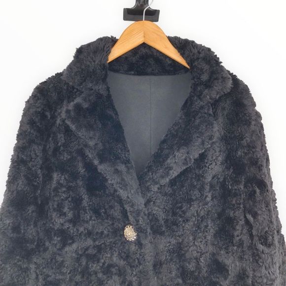 90’s/Y2K Vintage Teddy Faux Fur Black Long Sleeve Jacket Coat Rhinestone Button - Picture 2 of 11